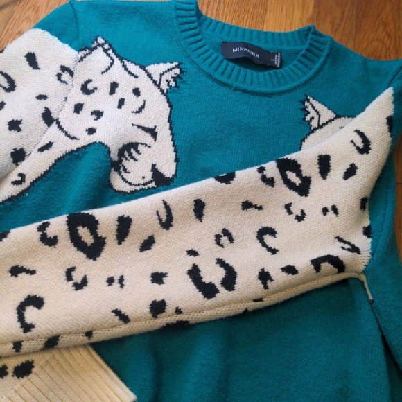 MINKPINK MINK PINK SNOW LEOPARD INTARSIA SWEATER AUTHENTIC GREEN WHITE SMALL - Picture 9 of 10